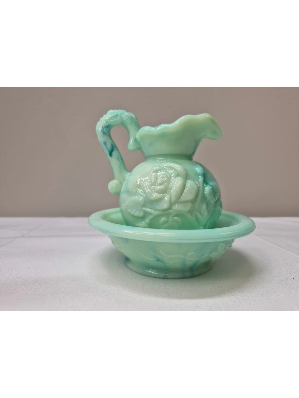 Vintage Avon Jade Green Floral Embossed Glass Pitcher with Matching Bowl J12